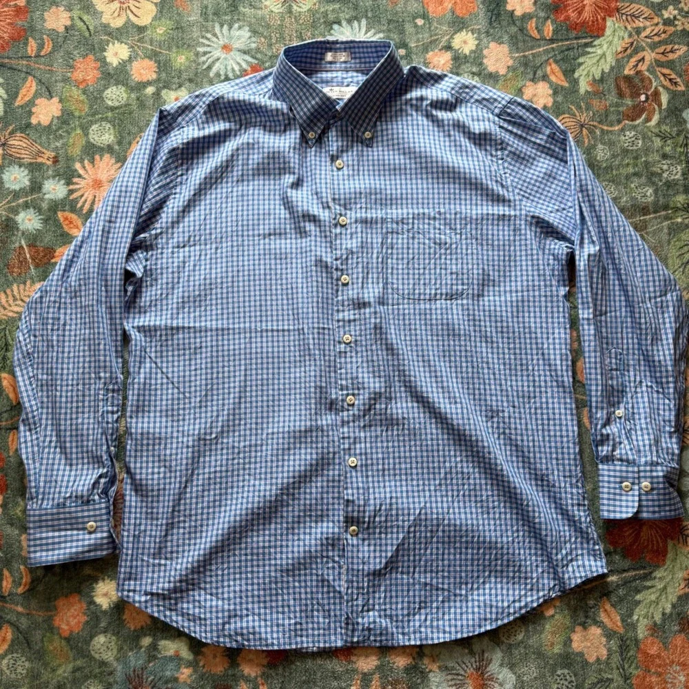 Peter Millar Crown Soft Mens XL Blue Plaid‎ Cotton Silk Button Down Shirt